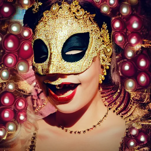 Image similar to a woman wearing a gold mask with pearls, a colorized photo by tahir salahov, pixabay contest winner, rococo, movie still, anaglyph filter, fantasy