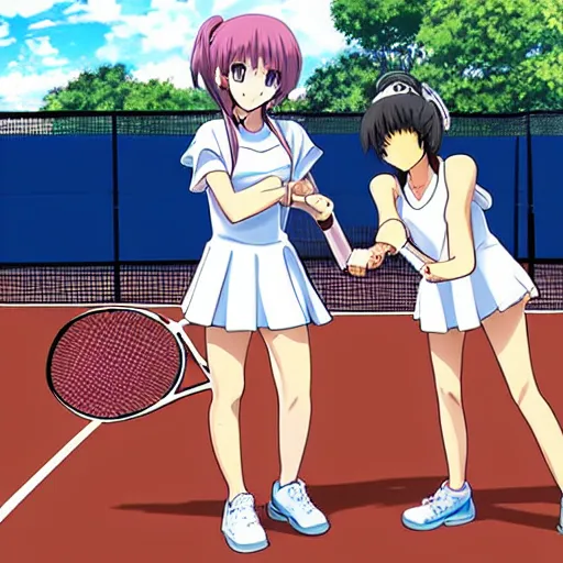 Prompt: two anime girls playing tennis