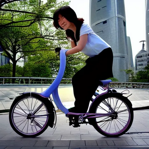 Prompt: girl riding brompton bike in shanghai modern city, by chiho aoshima