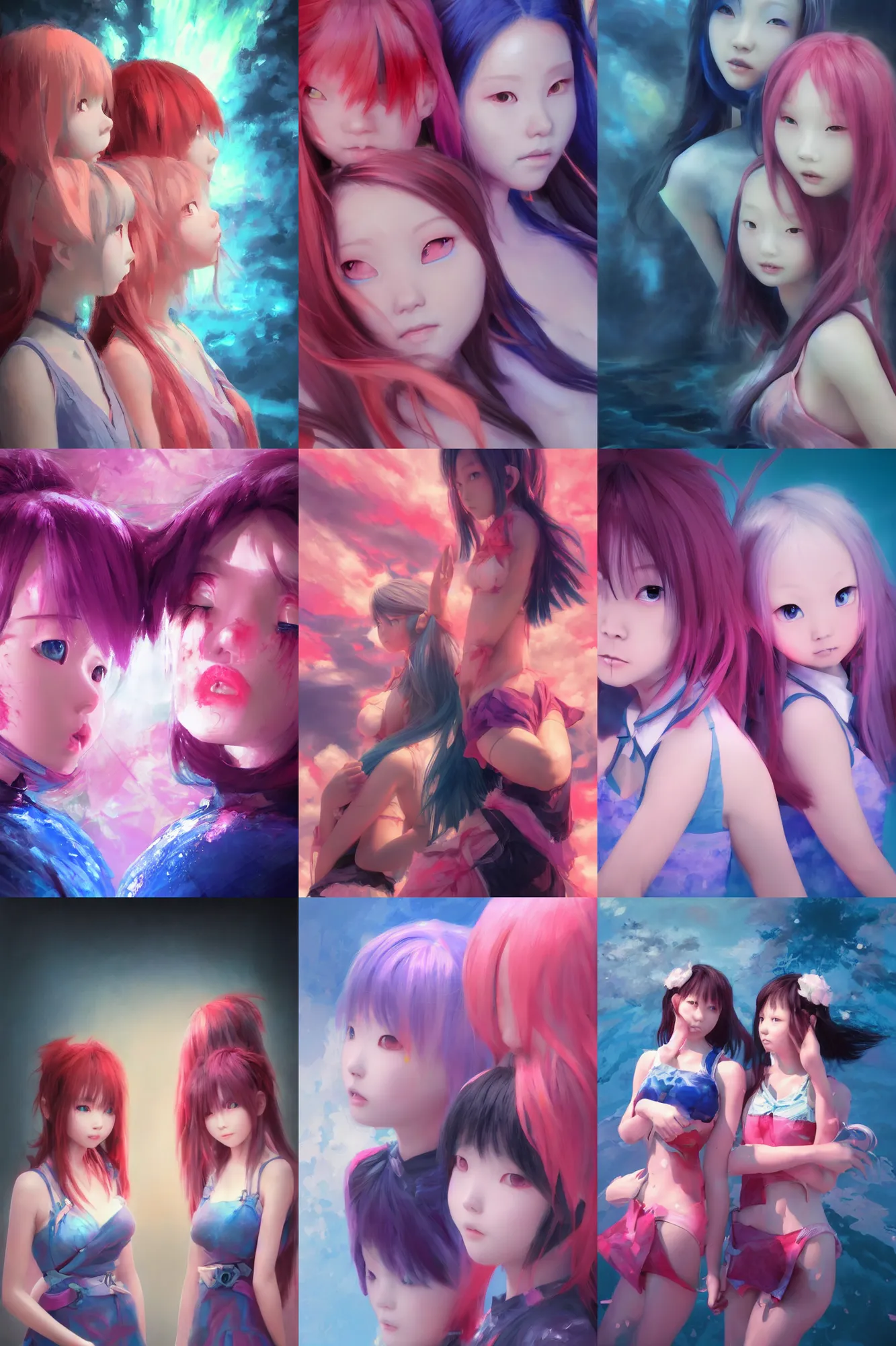 Prompt: 3d dark infrared octane render concept art by D. Jun, by Mo Xiang Tong Xiu, by Igarashi Daisuke, beauty portrait anime two schoolgirls under dark pink and blue water. cute face. explosion. dramatic light, trending on artstation, oil painting.