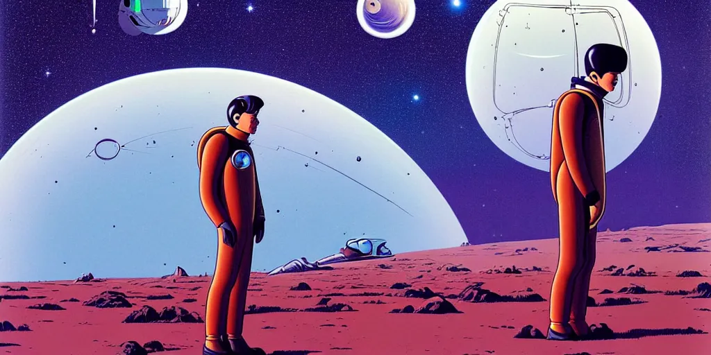 Prompt: a portrait of lonely single Alain Delon alone pilot in spacesuit on field forrest symmetrical spaceship station landing laying lake artillery outer worlds hyper contrast in FANTASTIC PLANET La planète sauvage animation by René Laloux