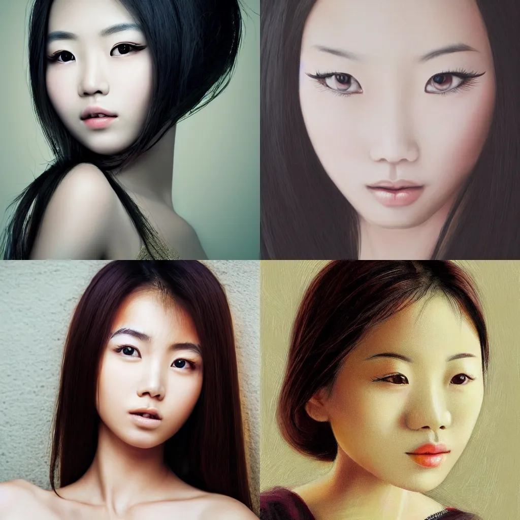 Prompt: beautiful portrait of a young Asian woman, details, elegant, photo realistic, detailed eyes