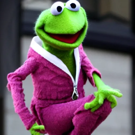 Prompt: Kermit the Frog from the Muppets dressed as a 2000s scene emo