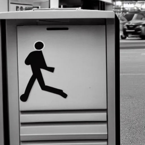 Prompt: a letter box with human legs running around in a shopping center, cctv footage