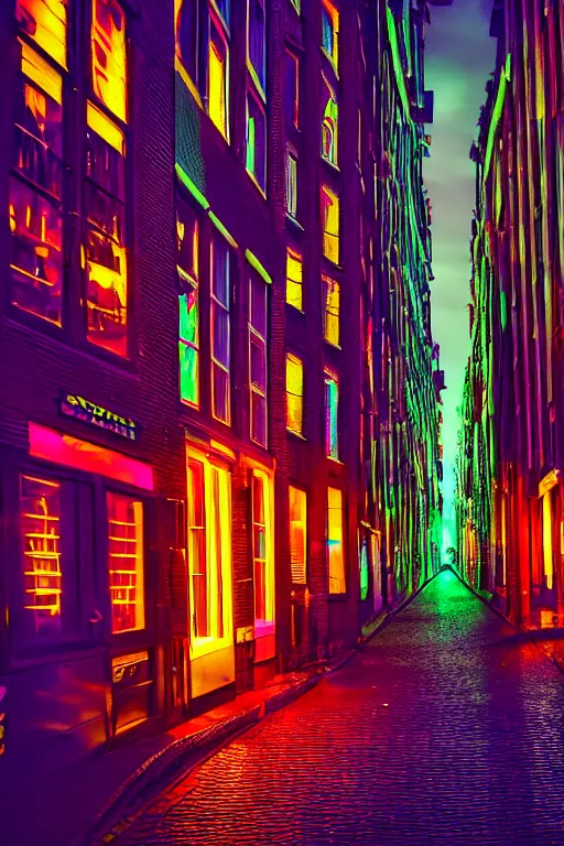 Image similar to neon streets of amsterdam, 4 k, award winning photo, cyberpunk style