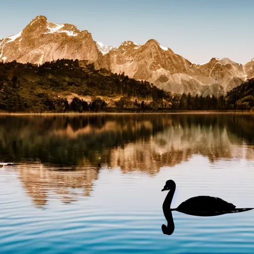 Prompt: photo of two black swans swimming in a beautiful reflective mountain lake, touching heads, forming a heart with their necks, a hot air balloon flying above the swans , granular detail, hot air balloon, intricate, portrait, 8k highly professionally detailed, HDR, CGsociety, octane render, 4k, f32,55mm photography, wide angle