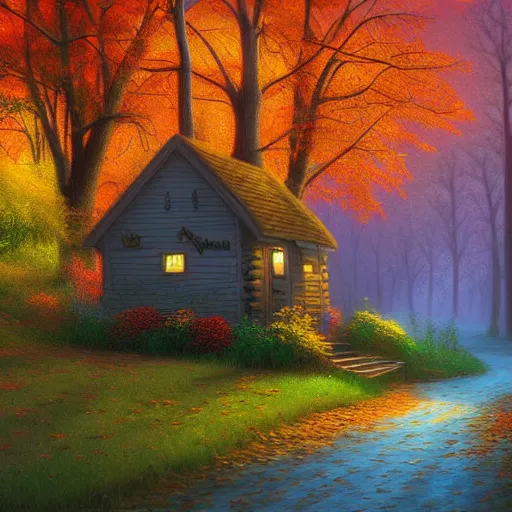 Prompt: cottage inspired by Evgeny Lushpin,autumn ,night time,forest,8K,art station