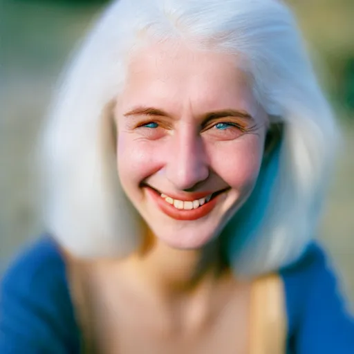 Image similar to beautiful portrait of a cute thing young woman smiling softly, long white hair, flushed face, blue eyes, golden hour, 8 k, portra 4 0 0