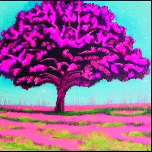 Image similar to a pink and purple tree in the style of Bob Ross