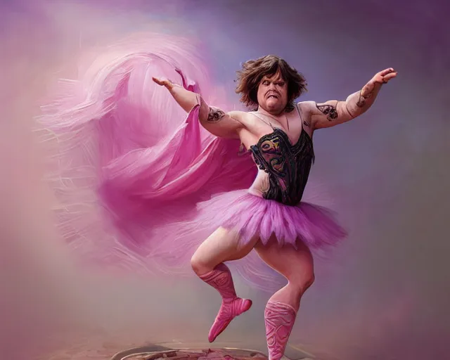 Image similar to photography of jack black dancing in a pink ballerina outfit, full body shot, deep focus, d & d and mtg, fantasy, intricate, elegant, highly detailed, digital painting, artstation, concept art, matte, sharp focus, illustration, hearthstone, art by artgerm and greg rutkowski and alphonse mucha