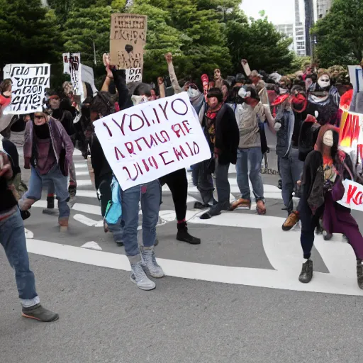 Prompt: Protestors protesting against young male dijin man demon hybrids