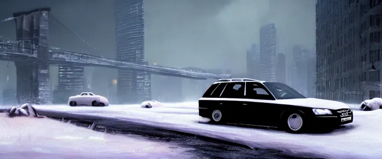 Image similar to Audi A4 B6 Avant (2002), a gritty neo-noir, dramatic lighting, cinematic, eerie person silhouette, death, homicide, homicide in the snow, establishing shot, extremely high detail, photorealistic, cinematic lighting, artstation, by simon stalenhag, Max Payne (PC) (2001) winter new york at night, flashing lights, Poets of the Fall - Late Goodbye