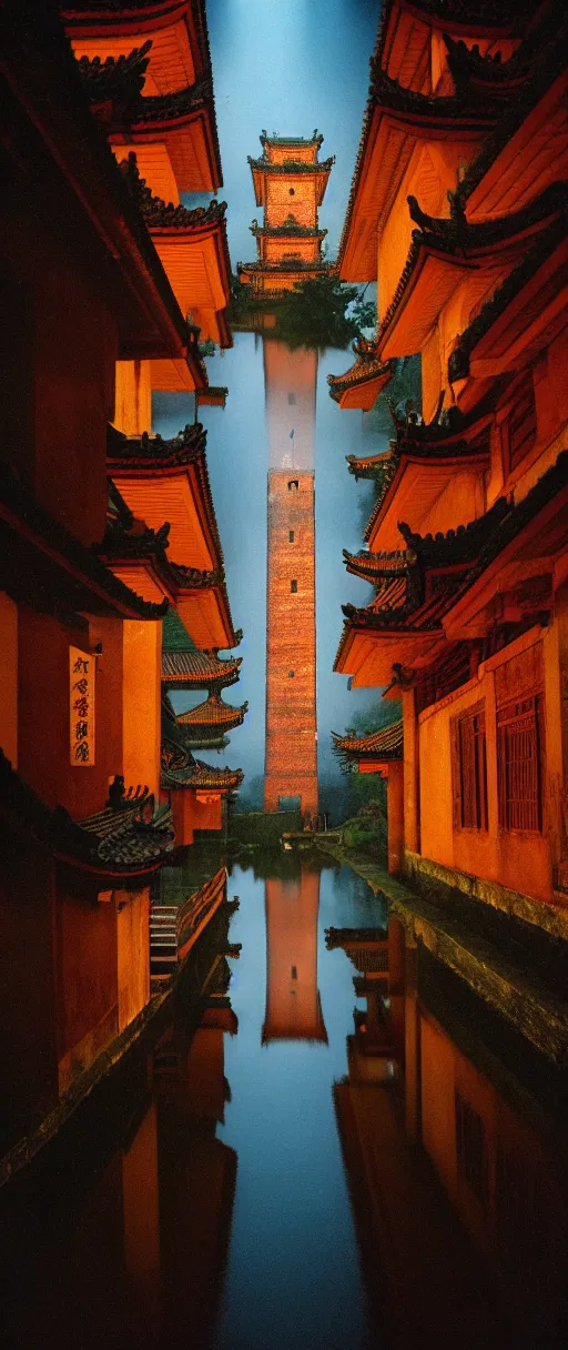 Prompt: kodak portra 4 0 0 photographic and realistic, ancien chinese tower, temple, night, moonlight, detailed, wide angle, floor flooded, how a river, objects that float, 3 5 mm, sharp focus, soft light, volumetric light, in the style of gregory crewdson