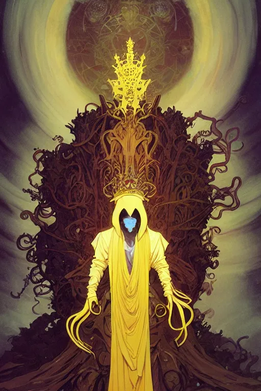 Image similar to A full body portrait of a mysterious character with no face with a very long hooded yellow cloak, a golden crown floating above his head, tentacles coming out the ground art by Artgerm and Greg Rutkowski and Alphonse Mucha and Craig Mullins and James Jean and Andrei Riabovitchev and Marc Simonetti and peter mohrbacher, sharp focus, ominous, cosmic horror, trending on artstation, Ultra detailed, hyper realistic 4k