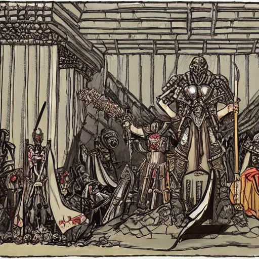 Prompt: fantasy style throne room, an armored human - like alien emperor dressed is sitting on the throne holding a sword after conquering the city, his army is in attendance cheering, in the front is a one armed woman holding a spear, next to her is a middle aged man holding a slender sword