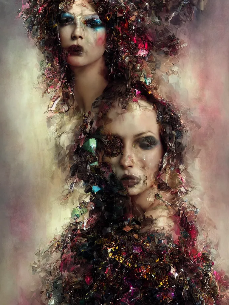 Prompt: digital matte painting of a beautiful young woman, draped in crystals, by michael hussar, intricate, colorful