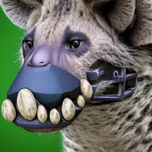 Prompt: hyena and robot hybrid, half robot half hyena, realistic proportions, picture taken in zoo, highly detailed