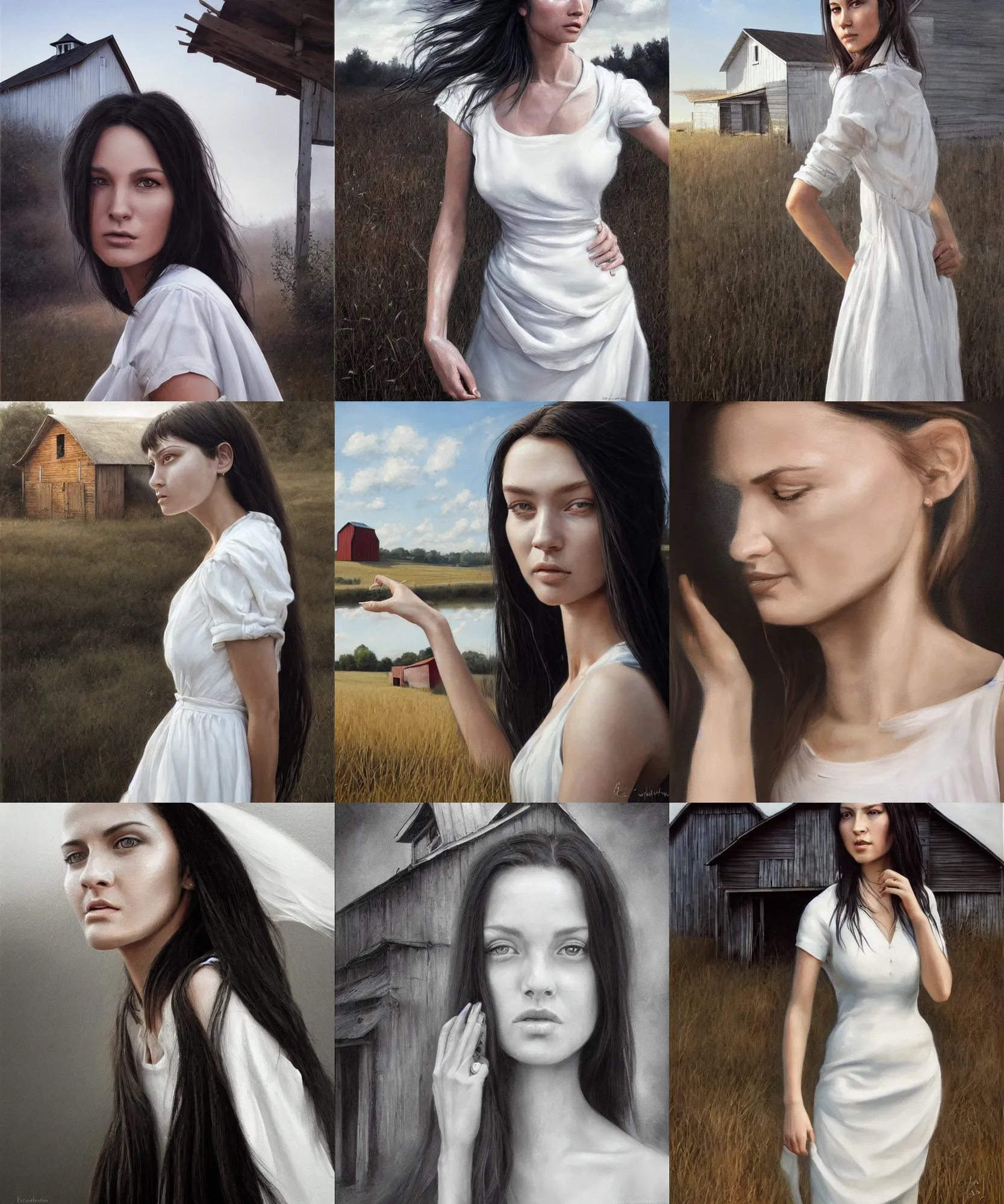 Prompt: hyper realistic detailed painting of a 2 5 years old woman in the shadow of a barn. beautiful face, white dress, long black hair, highly detailed, sharp focus, art by eddie mendoza, wide angle.