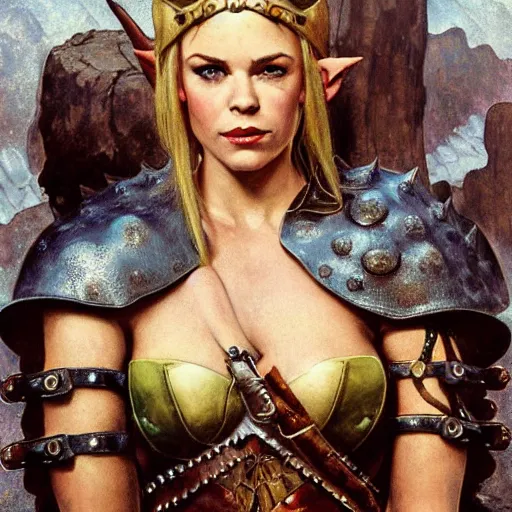 Image similar to half length portrait of hannah waddingham as an elf ranger in studded leather armor, d & d, medieval, fantasy, royo, klimt, miro, vallejo, frazetta, alphonse mucha, greg rutkowski, whealan