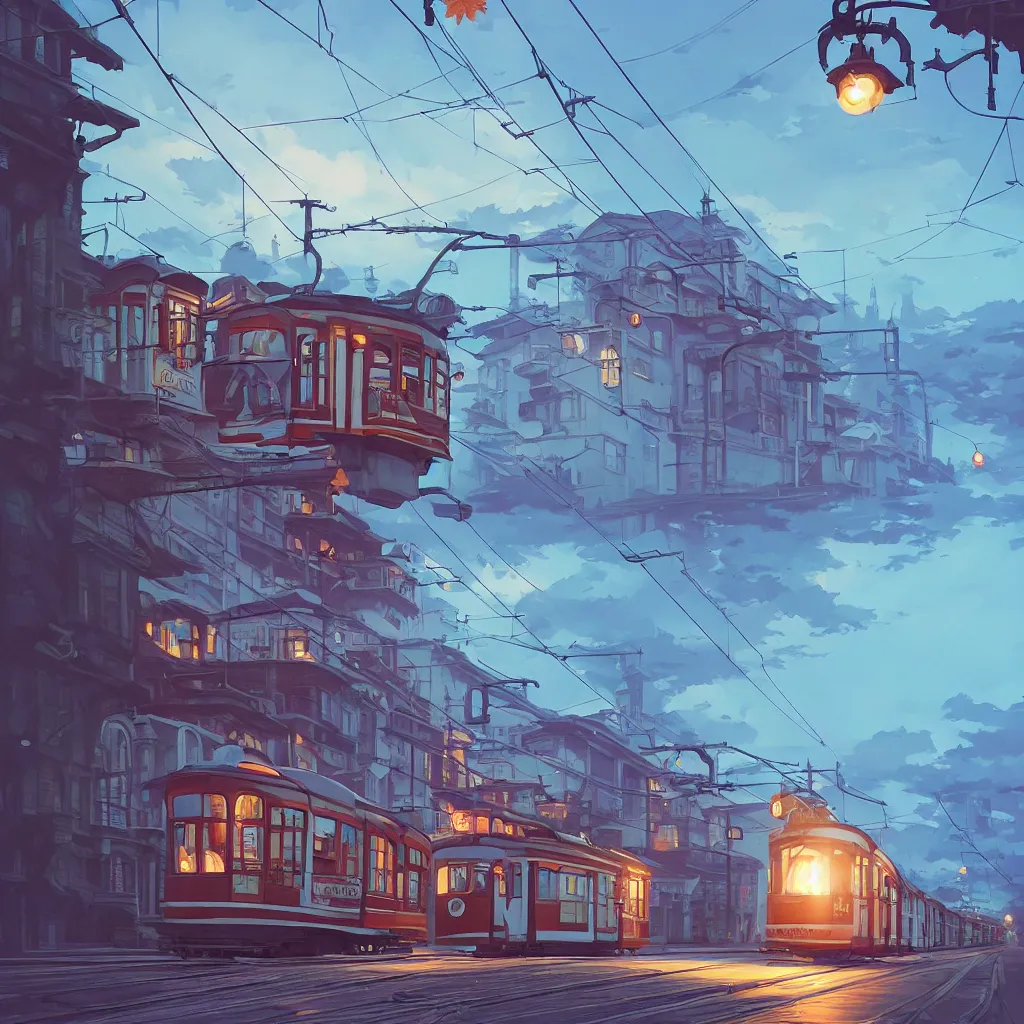 Image similar to a streetcar is running on the maple leaf sea, unreal engine, fantasy art by greg, loish, rhads, ferdinand knab, makoto shinkai and lois van baarle, ilya kuvshinov, rossdraws, tom bagshaw, night lighting, trending onstudio ghibli, highly detailed, octane render, 8 k