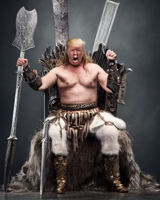 Prompt: donald trump as king conan, directed by john millius, photorealistic, sitting on a metal throne, wearing ancient cimmerian armor, a battle axe to his side, he has a beard and graying hair, cinematic photoshoot in the style of annie leibovitz, studio lighting