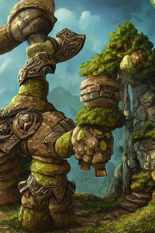 Image similar to zelda fantasy art giant golem troll wood rock greeble gemstone, global illumination ray tracing hdr fanart arstation by sung choi and eric pfeiffer and gabriel garza and casper konefal