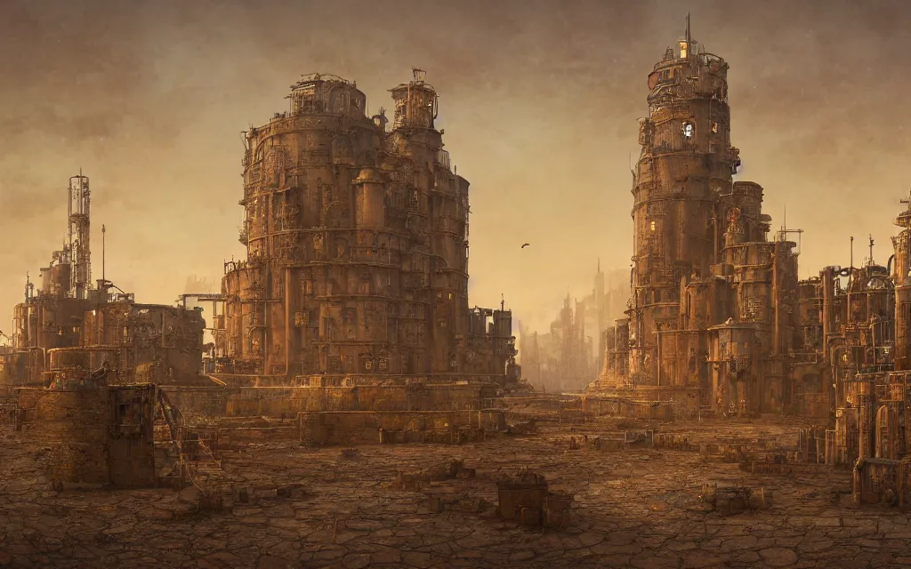 Image similar to a steampunk fortress in a desert by John Atkinson Grimshaw and Lee Madgwick and Artyom Vlaskin, 4k resolution, detailed, trending on artstation