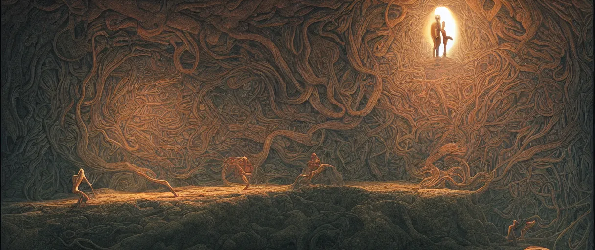 Prompt: Adam and Eve inside the brain, snake is surrounding them, beautiful dramatic moody lighting, cinematic atmosphere, by Jean Giraud, Alex Grey, Zdzislaw Beksiński, Dan Mumford, Patiphan Sottiwilaiphong, Yintion J - Jiang Geping