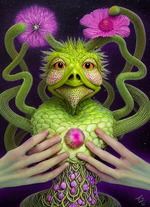 Image similar to hyper detailed 3d render like a Oil painting - kawaii portrait Aurora (a skeksis from dark crystal that looks like Anya Taylor-Joy) seen Eating of the Strangling network of yellowcake aerochrome and milky Fruit and His delicate Hands hold of gossamer polyp blossoms bring iridescent fungal flowers whose spores black the foolish stars by Jacek Yerka, Ilya Kuvshinov, Mariusz Lewandowski, Houdini algorithmic generative render, Abstract brush strokes, Masterpiece, Edward Hopper and James Gilleard, Zdzislaw Beksinski, Mark Ryden, Wolfgang Lettl, hints of Yayoi Kasuma, octane render, 8k