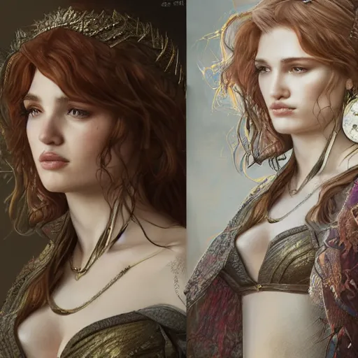 Image similar to ultra realistic illustration, bella thorne in game of thrones, intricate, elegant, highly detailed, digital painting, artstation, concept art, smooth, sharp focus, illustration, art by artgerm and greg rutkowski and alphonse mucha