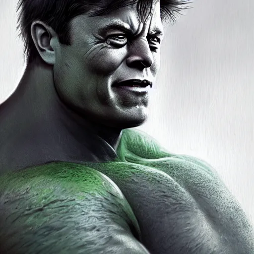 Image similar to elon musk as the incredible hulk, trending on artstation, ultra realistic, portrait, only head and shoulders, fine detail, intricate hair, fine textures, soft shadows, hdr, digital art