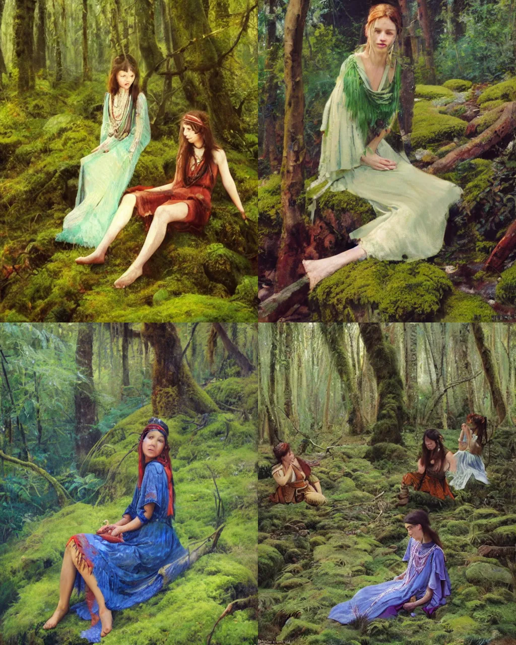 Prompt: shaman girl in boho dress sitting on the mossy stones in the forest, painting by Walter Everett and Vanni Saltarelli