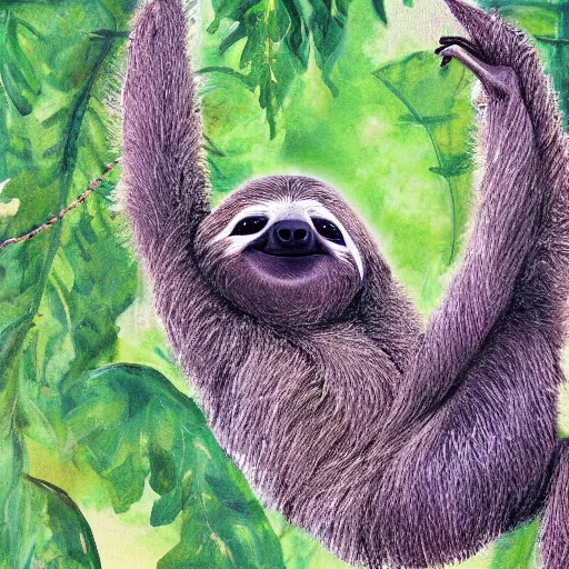 Image similar to digital painting of an energetic young sloth with big eyes swinging on a vine