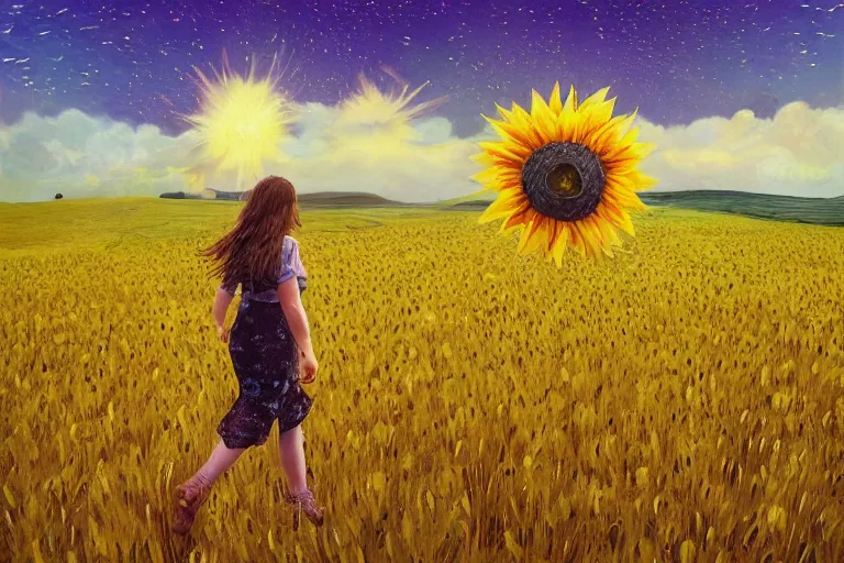 Image similar to giant sunflower as a head, girl walking in wheat field, hills, surreal photography, dark night, star trails, dramatic light, impressionist painting, clouds, digital painting, artstation, simon stalenhag