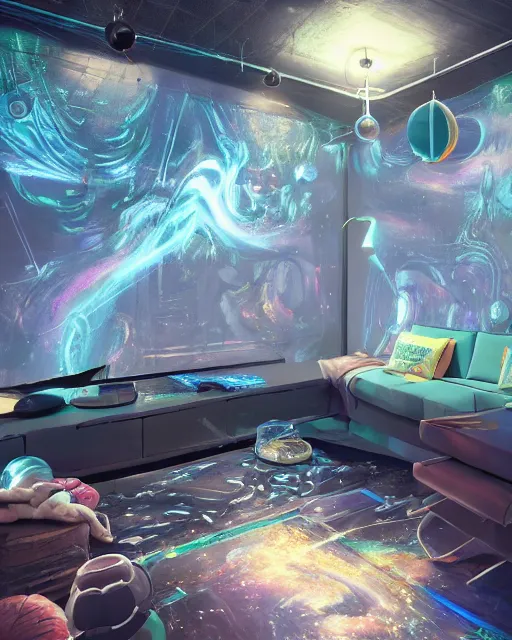 Image similar to artstation scifi scene of a safe room as ikea ad, lounge furniture, carpeted floor, sky mural on the room ceiling, holographic nature art walls, large terrarium, paneled walls, unreal engine 5, hyper realism, realistic shading, cinematic composition, blender render, octane render, hdr, detailed textures, photorealistic, wide shot