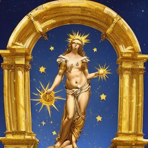 Prompt: Majestic Saint Woman, Putti, Venus, Athena, Sistina, pagans, sicilian, baroque, marble and gold, stars, space, sun