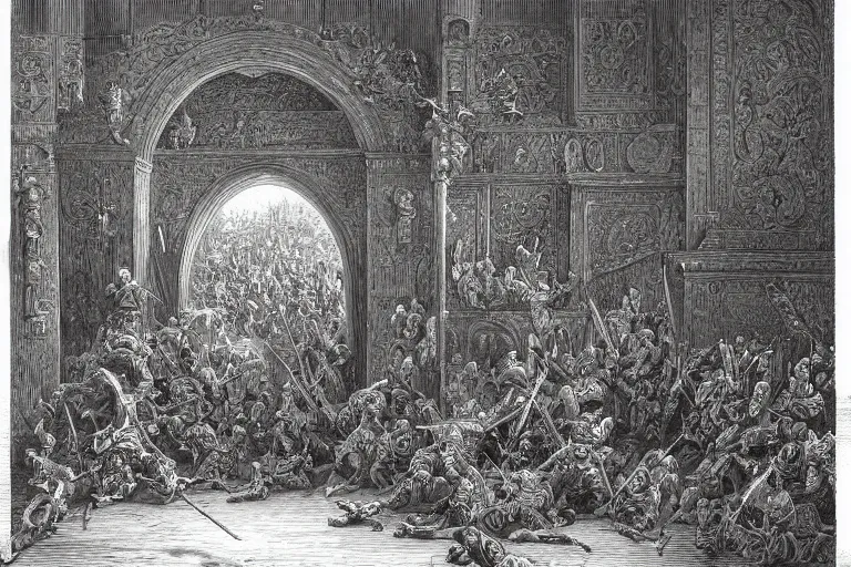 Prompt: highly detailed painting of the gate - in the shape of a book, don quixote runs out, symmetrical, masterpiece, highly detailed painting by gustave dore