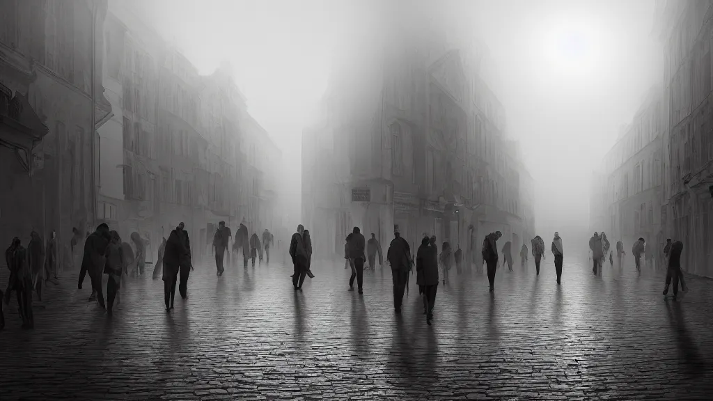 Image similar to dim sun over a crowd of people on street of the old town with houses in the windows of which the light is on. early morning, fog on ground, wet street. mike barr painting. volumetric light, dull colors, dark, noir arthouse, 3 5 mm, hight detalied, hd, 4 k