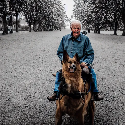 Image similar to portrait of an elderly man riding an alsatian, canon eos r 3, f / 1. 4, iso 2 0 0, 1 / 1 6 0 s, 8 k, raw, unedited, symmetrical balance, wide angle