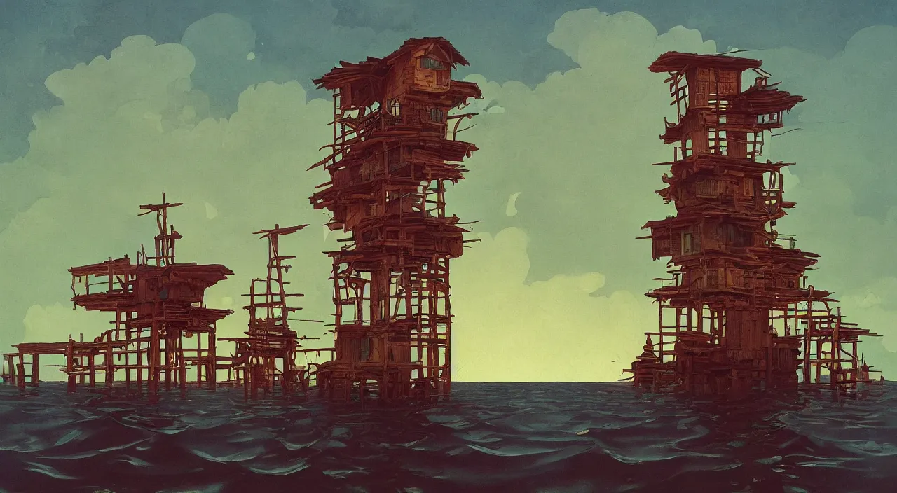 Prompt: single flooded simple wooden tower, very coherent and colorful high contrast!! masterpiece by simon stalenhag norman rockwell carl spitzweg syd mead james gilleard, dark shadows, sunny day, hard lighting