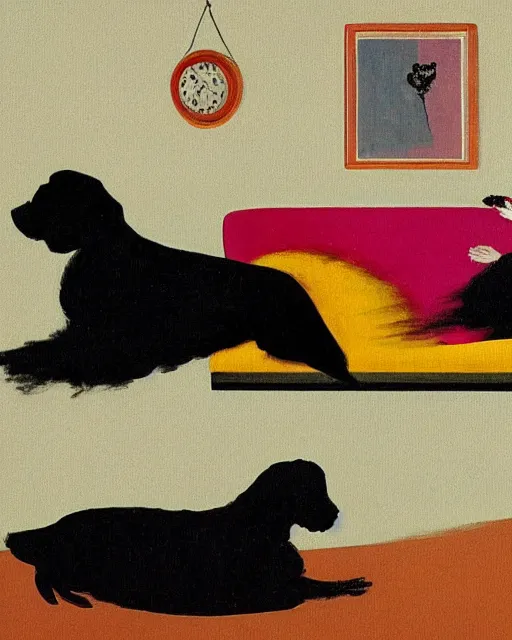 Prompt: old dead couple on couch with a big black dog in a yellow art deco interior room in the style of Francis Bacon and Syd Mead, open ceiling, highly detailed, painted by Francis Bacon and Edward Hopper, couple and dog painted by James Gilleard, surrealism, airbrush, very coherent, triadic color scheme, art by Takato Yamamoto and James Jean