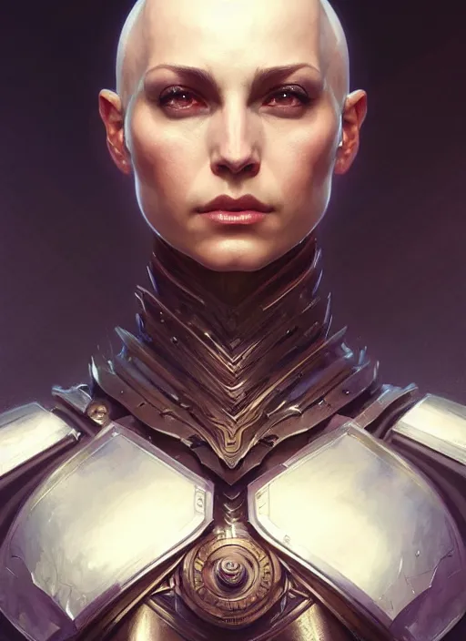 Image similar to Symmetry!! portrait of a bald woman, warrior in armour, muscular, fantasy, intricate, elegant, highly detailed, digital painting, artstation, concept art, smooth, sharp focus, illustration, art by artgerm and greg rutkowski and alphonse mucha