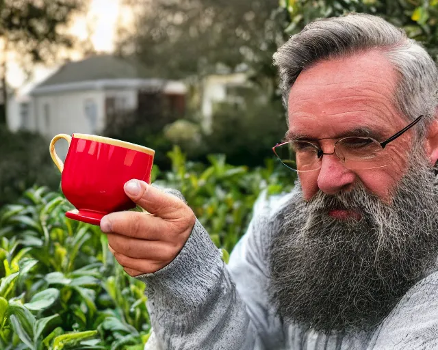 Prompt: mr robert is drinking fresh tea in a garden from spiral mug, detailed face, wearing choker, grey beard, golden hour, red elegant shirt