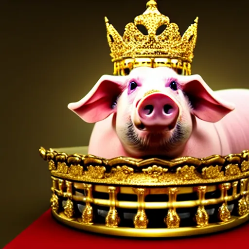 Image similar to pig wearing a gold crown sitting on a kings throne eating a pork rind 8k resolution, award winning, realistic, cinematic concept art