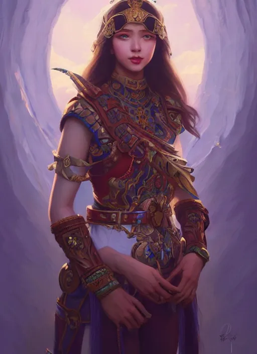 Image similar to portrait of russian mexican asian girl jodhpurs hyperborea lemuria, deep focus, d & d, fantasy, intricate, elegant, highly detailed, digital painting, artstation, concept art, matte, sharp focus, illustration, hearthstone, art by rhads by artgerm and greg rutkowski and alphonse mucha