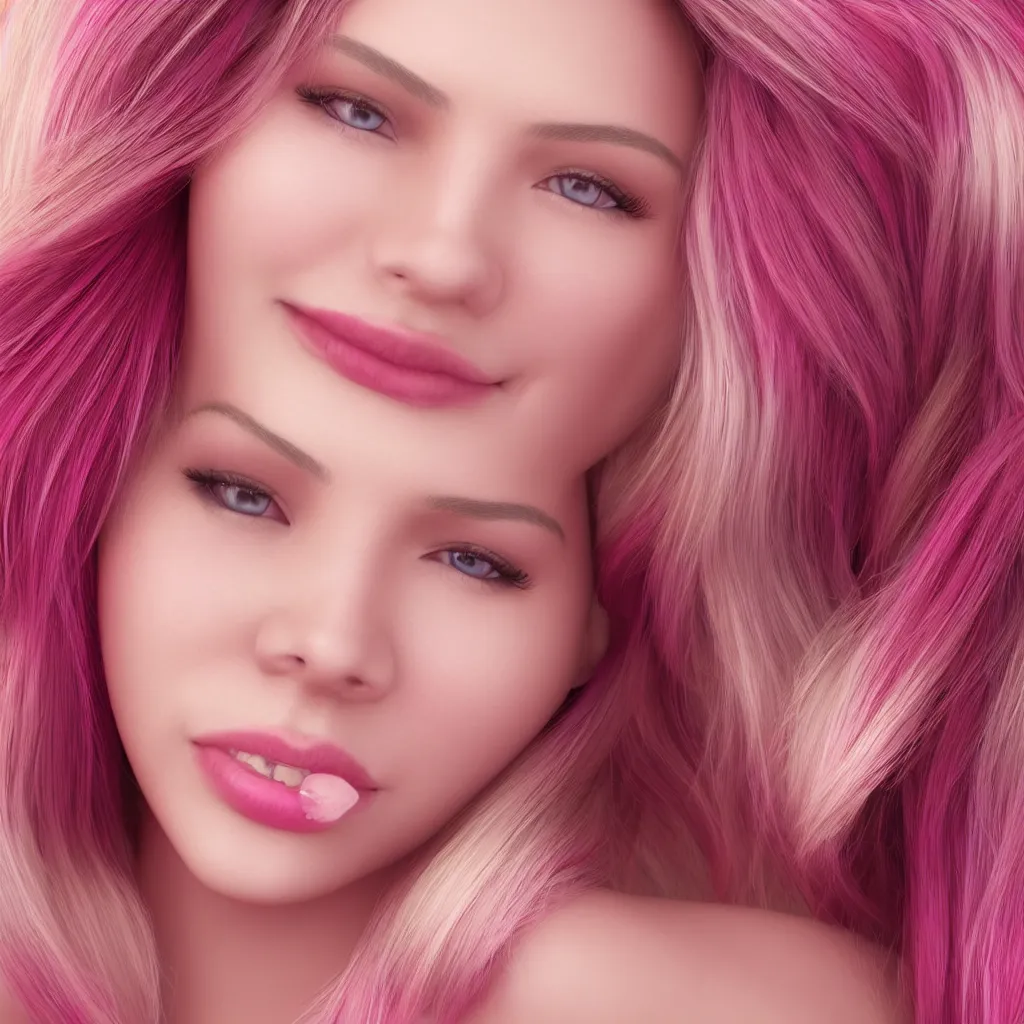 Image similar to ultra realistic portrait of a hot woman, colorful hair, pink lips, gorgeous smile, stunning, hottest, 8K resolution, 3D, Octan render,