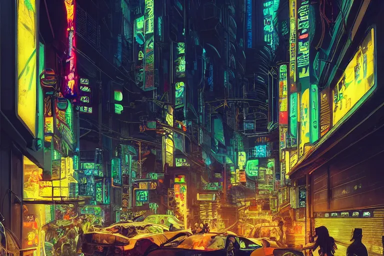 Image similar to bustling neon cyberpunk street, nighttime!!, illustrated by ricardo bofill, greg rutkowski, and amano yoshitaka, trending on artstation, golden ratio!!!, centered!!!, unsplash!!!!, cgsociety contest winner, zbrush!!!, 4 k, 8 k