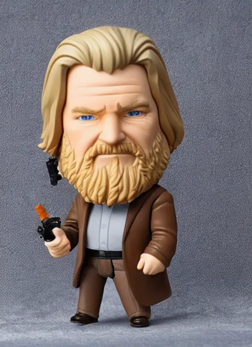 Image similar to jeff bridges, a nendoroid of jeff bridges figurine, bathrobe, the big lebowski, realistic face, detailed product photo