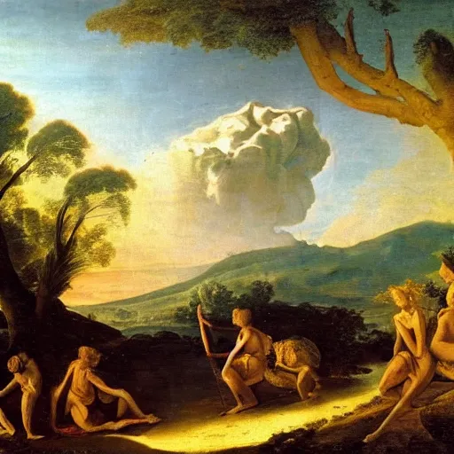 Image similar to a volcano seething, ethereal landscape, elves, fauns, musicians, claude lorrain pastoral landscape