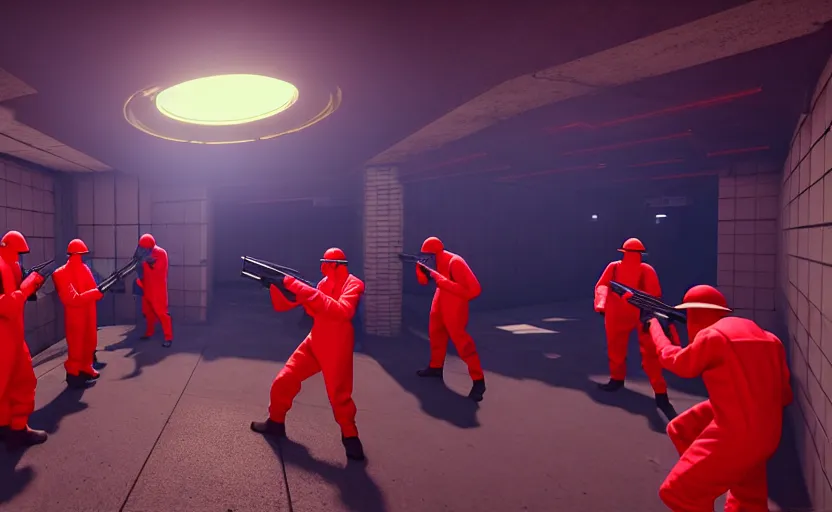 Prompt: in-game screenshot of a group of red hazmat scientists holding guns on unreal engine 5, in a liminal underground garden, photorealistic, retrofuturism, brutalism, staggered terraces, minimalist, soft vintage glow